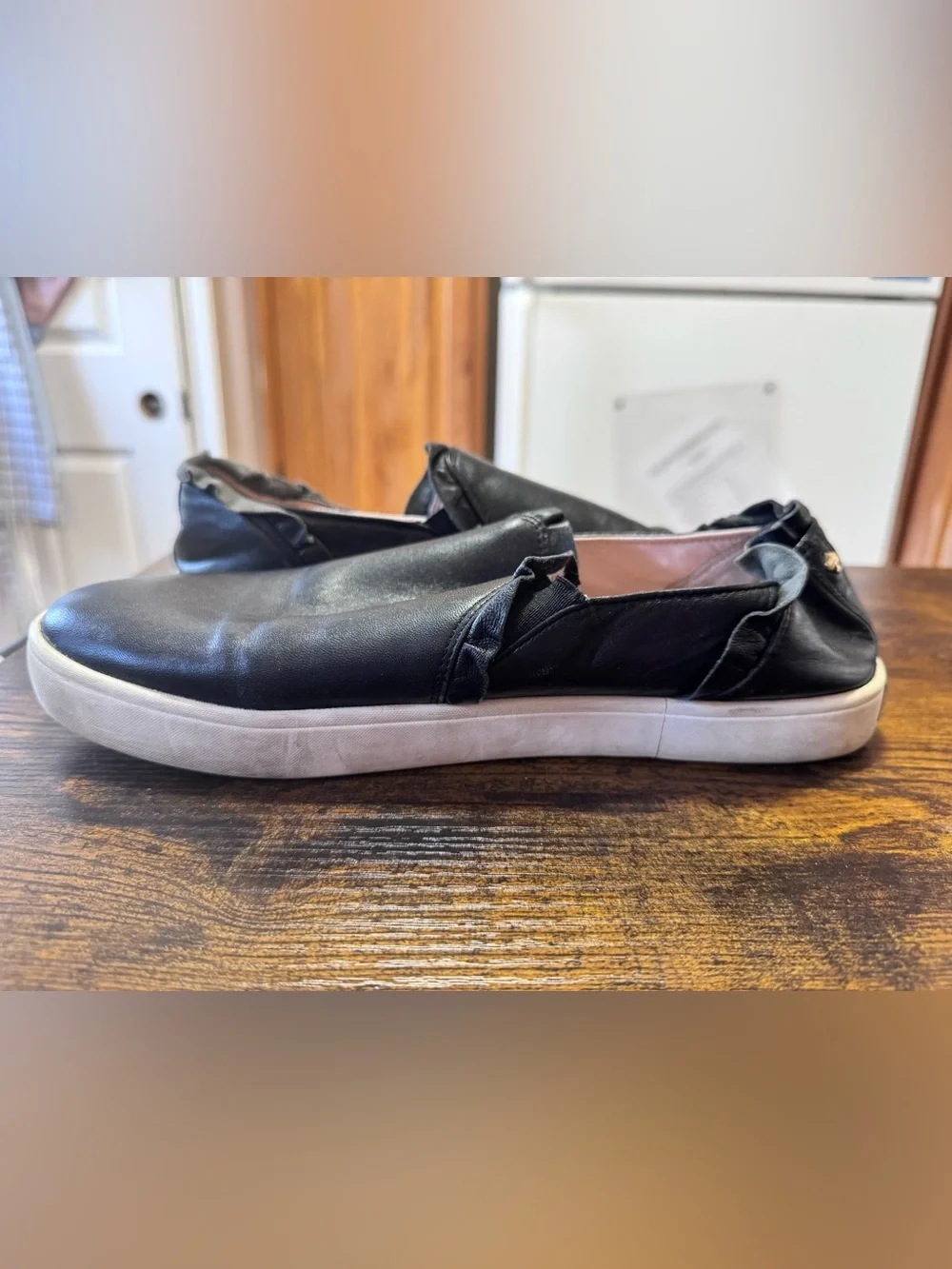 Kate Spade Ruffle Trim Black Leather Slip On Sneakers - 9.5